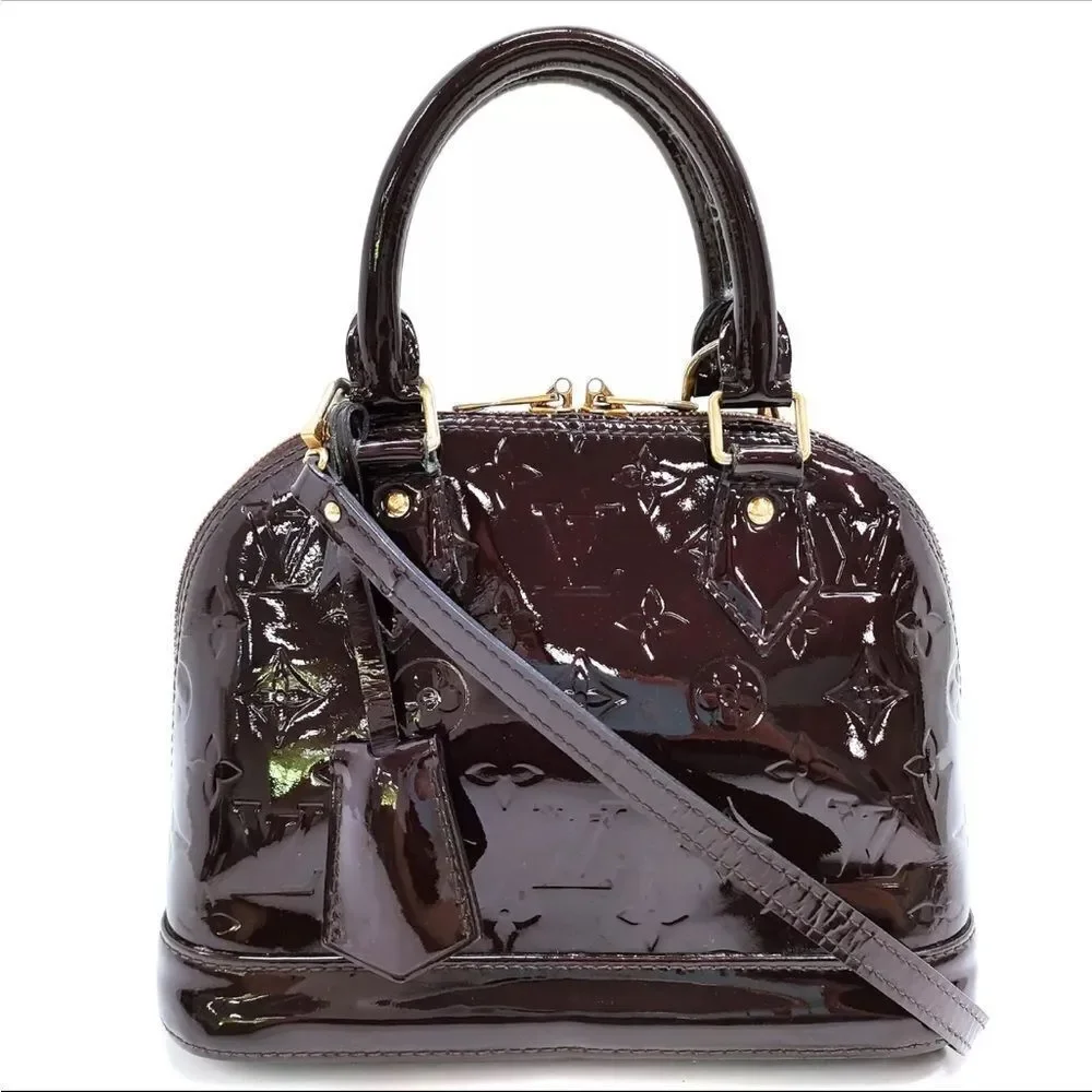 Auth Louis Vuitton Purple Amarante Monogram Vernis Leather BB Alma 2way Satchel